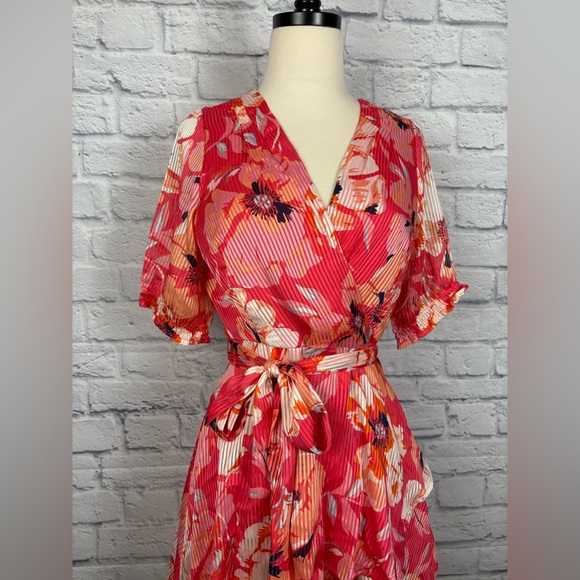 Tahari ASL Floral Wrap Mini Dress - Pink and Orange - Picture 3 of 6